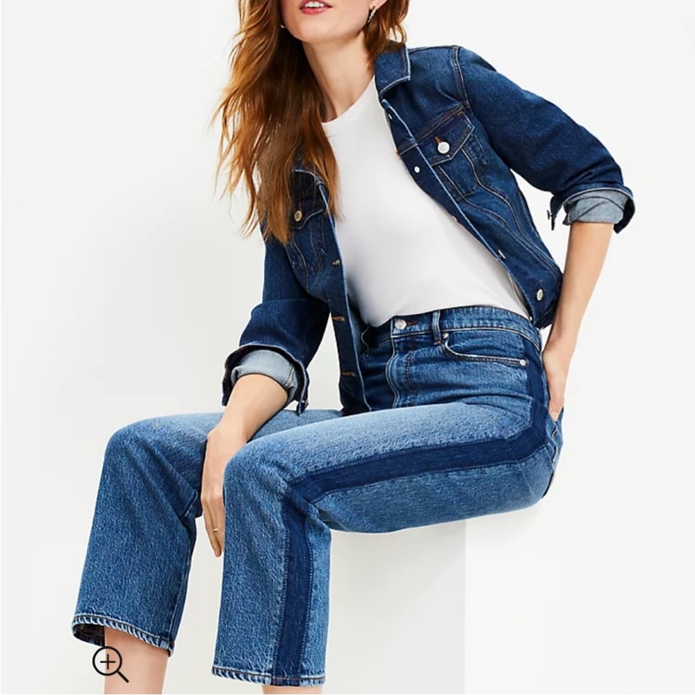 Loft Curvy Side Stripe High Rise Straight Jeans in Vintage Mid Indigo Wash